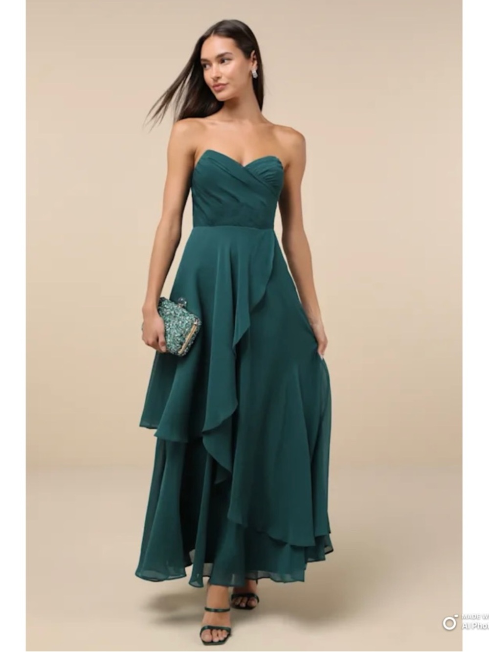 Lulus Medium Revered Elegance Emerald Green Pleated Strapless Maxi Dress NWT